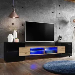 Merano Wide TV Unit with Storage & Led Lighting -Wotan Oak / Black Matt