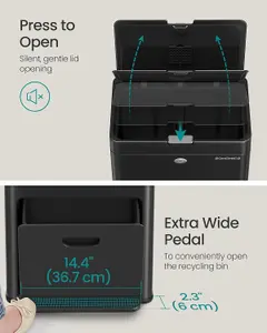 SONGMICS Kitchen Bin, 3-Compartment Bin for General Waste, Food Waste, and Recycling, Carbon Filter, Wide Pedal, Black