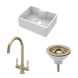 Fireclay Kitchen Bundle - Single Bowl Butler Sink with Tap Ledge, Waste & Mono Lever Tap, 595mm - Brushed Brass - Balterley