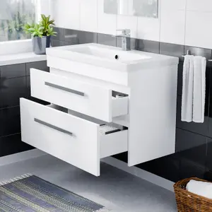 Nes Home Nanuya 800mm Gloss White Wall Hung 2 Drawer Vanity Cabinet & Ceramic Basin Sink