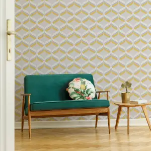 Fresco Retro ogee Grey & ochre Smooth Wallpaper