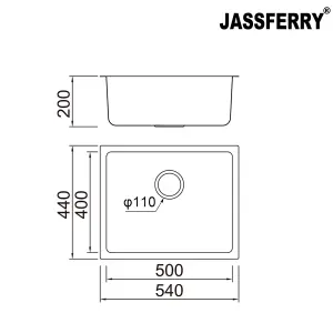 JASSFERRY Undermount Stainless Steel Kitchen Sink Single Bowl, 540 x 440 mm