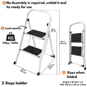 Lightweight 2 Step Ladder 32.2'' (82cm) High - White Portable Folding Ladder - Small, Compact, and Functional Steel Step Ladder