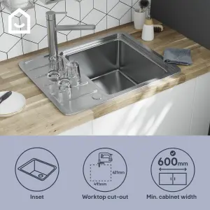 GoodHome Quassia Brushed Stainless steel 1 Bowl Kitchen sink With compact drainer 505mm x 635mm