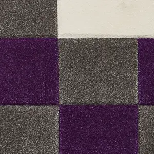 Grey Purple Modern Easy to Clean Bordered Chequered Geometric Rug For Dining Room-80cm X 150cm