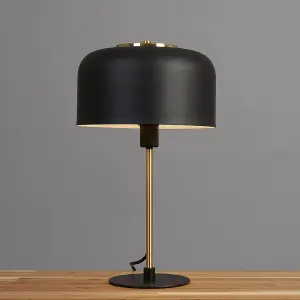 ValueLights Geneva Contemporary Matt Black and Satin Brass Stem Dome Table Lamp