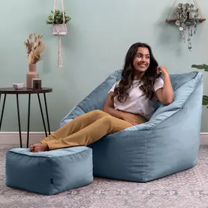 icon Natalia Velvet Armchair Bean Bag and Footstool Set Mineral Blue Giant Bean Bag Chair