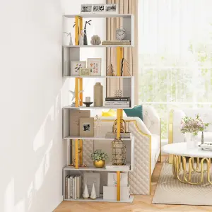 COSTWAY 6-Tier Geometric Bookcase 189 cm S-Shaped Bookshelf with Metal Frame