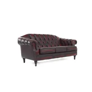 Chesterfield 3 Seater Sofa Settee Antique Oxblood Red Real Leather In Victoria Style