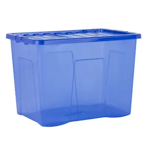 Wham Crystal 4x 80L Plastic Storage Boxes with Lids. Large Size, Strong. Made in the UK Tint Spectrum Blue