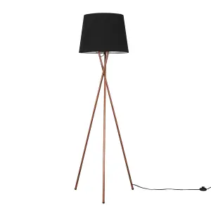 ValueLights Camden Modern Copper Metal Tripod Floor Lamp with Black Tapered Shade - Includes 6w LED Bulb 3000K Warm White