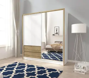 Sara Mirrored Wardrobe 2000mm with Drawers in White and Oak Artisan