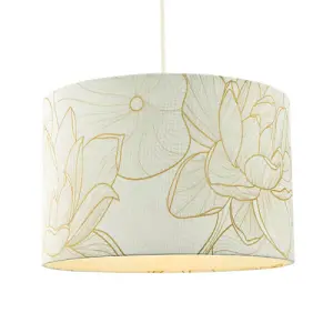 Designer Cream Linen Fabric 12 Inch Lampshade with Large Shiny Gold Foil Flowers