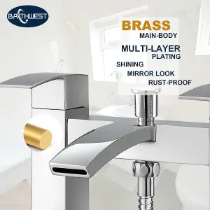 BATHWEST Square Waterfall Bath Taps with Shower Bath Mixer Taps with Shower Chrome Solid Brass Bathroom Sink Taps