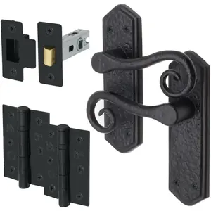 AFIT Curly Black Antique Door Handle on Backplate Latch Kit / Pack - 64mm Latch 76mm Hinges