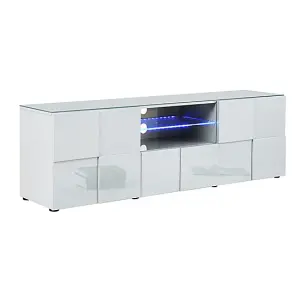 Aspen TV Stand With Storage for Living Room and Bedroom, 1810 Wide, LED Lighting, Media Storage, White High Gloss Finish