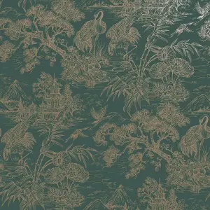 Holden Decor Crane Lagoon Aqua Gold Wallpaper Floral Metallic Feature Wall