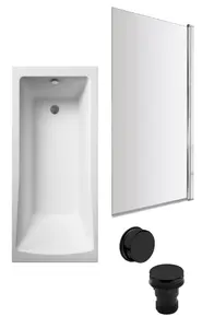 Square Single Ended Bath, Square Screen and Black Waste - 1700 x 700mm