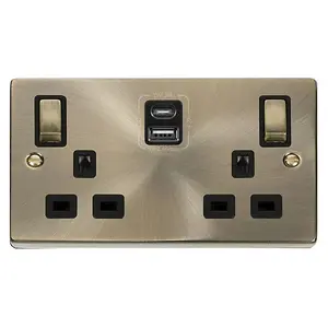 Antique Brass 2 Gang 13A DP Ingot Type A & C USB Twin Double Switched Plug Socket - Black Trim - SE Home