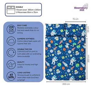 Bloomsbury Mill - Outer Space Kids Double Bed Duvet Cover and Pillowcases Set - Double - 200 x 200cm