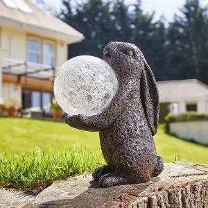 Solar Powered LED Hare Garden Ornament - Hand Painted Polyresin Sculpture with Light Up Crackle Glass Ball - H33 x W15 x D25cm