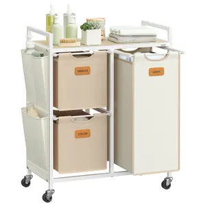 VASAGLE Laundry Hamper with 3 Compartments, 100 L Laundry Sorter, Rolling Laundry Cart with Shelves, Camel Brown and Cream White