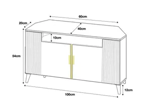 Furneo White Corner TV Stand 100cm Unit Cabinet Matt & High Gloss Azzurro06 Brushed Gold Handles White LED Lights