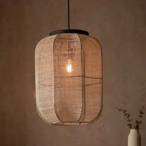 Luminosa Zaire Single Pendant Ceiling Lamp, Natural Linen, Matt Black