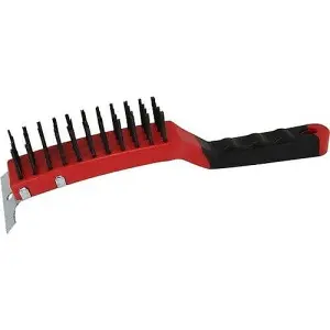 Steel Wire Brush With Scraper Soft Grip Long Handle Hand Tool Cleaning 3 Rows