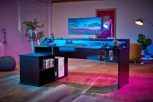 Rest Relax Alpha Gaming Desk in Black with RGB LED Lights L Shape