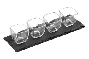 4 Square Glass Bowls Slate Tray Set