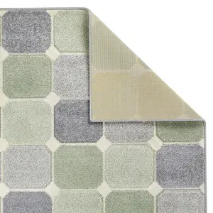 Modern Easy to Clean Chequered Geometric Green Rug for Dining Room-80cm X 150cm