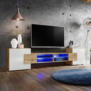 Bridge Wide TV Unit with Storage & Led Lighting - White Gloss / Wotan Oak