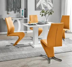 Furniturebox UK 4 Seater Dining Set - Imperia White High Gloss Dining Table and Chairs - 4 Mustard Yellow Willow Chairs