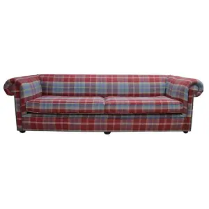 Chesterfield 1930's 4 Seater Balmoral Ruby Red Check P&S Fabric Sofa In Classic Style