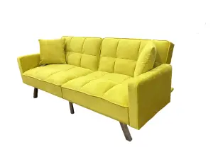 Sofa Bed 2 Seater Yellow Velvet Click Clack Sofa Settee Recliner Couch with Metal Legs with 2 Pillows