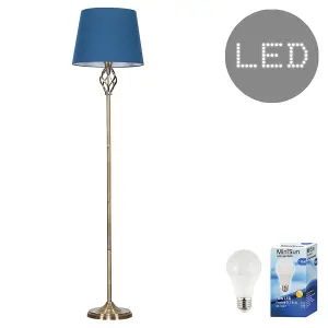 ValueLights Memphis Antique Brass Barley Twist Floor Lamp with Navy Blue Tapered Light Shade - with LED GLS Bulb in Warm White