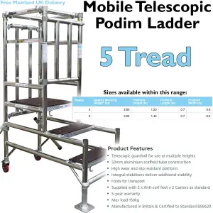 5 Tread Mobile Telescopic Podium Step Ladder 1.4m Tall Work Platform Safety Cage