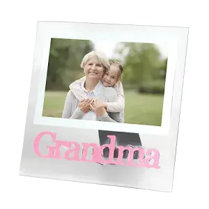 Pink Glitter Grandma Picture Frame in Transparent Glass with Bevelled Sides