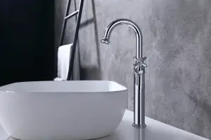 VURTU Danube High Basin Mixer, 1/4 Turn, Single Lever Ceramic Disc, High/ Low Water Pressure, 403(H) x 202(W),Chrome, 381104