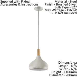 Pendant Ceiling Light Colour Brushed Silver Shade Brown Wood Bulb E27 1x60W