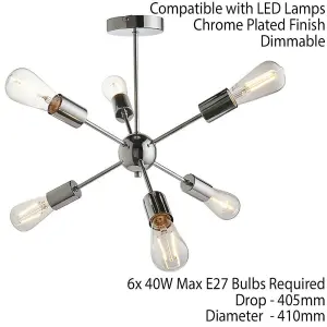 Semi Flush Ceiling Lamp Polished Chrome 6x Bulb Multi Light Modern Burst Rod Bar