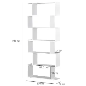 HOMCOM Storage Bookcase 6 Shelves Wood Bookshelf S Shape Home Office White