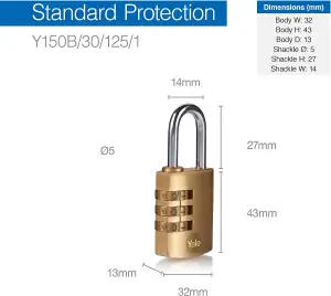 Yale Brass Combination Padlock 30mm - Y150B/30/125/1