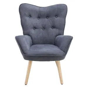 Grey Tufted Button Linen Armchair with High Back and Wooden Legs 92cm H