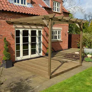 Wall Mounted Garden Pergola and Decking Kit - Wood - L480 x W480 cm - Rustic Brown