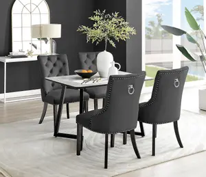 Carson 4 Seater White Marble Effect Rectangular Scratch Resistant Dining Table with 4 Black Belgravia Velvet Black Leg Chairs