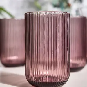 Set of 12 Vintage Luxury Pink Ribbed Tall Drinking Glass Whisky Glass Tumbers 420ml