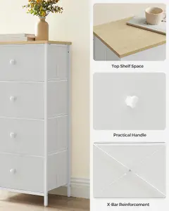 SONGMICS Dresser Drawer Chest, Bedroom Storage Unit, Cloth Dresser with 4 Fabric Drawers, Metal, for Wardrobe, White and Oak