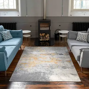 Silver Grey Ochre Distressed Abstract Area Rug 200x290cm